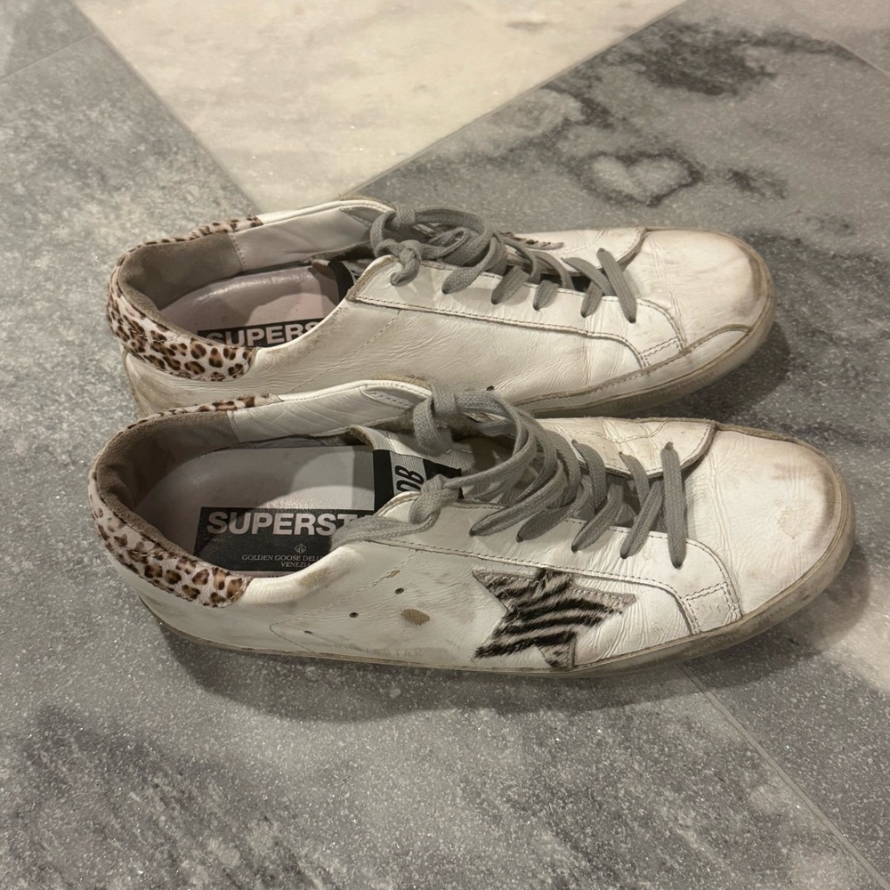 Golden Goose White Leather Sneakers with Leopard Heel and Gray Star